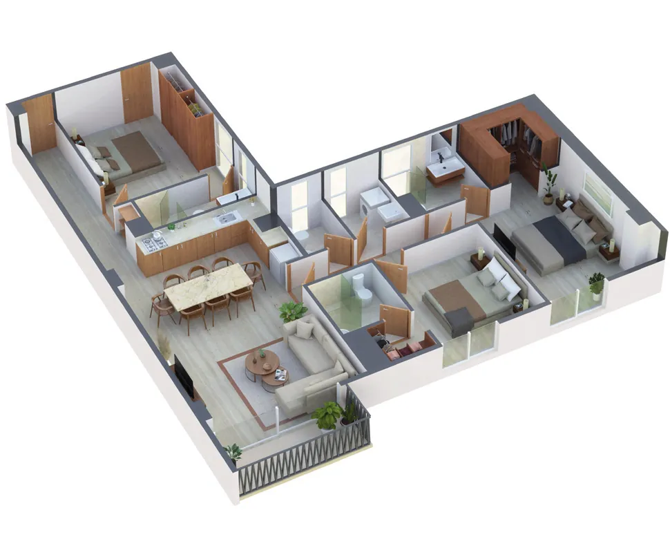 Planta isométrica del departamento Tipo A de 129 m² con tres recámaras, cocina, comedor, sala y terraza