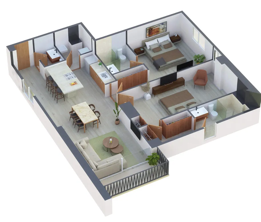 Planta isométrica del departamento Tipo B de 109 m² con dos recámaras, cocina con barra, comedor, sala y terraza