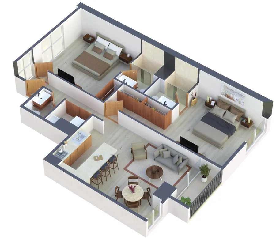 Planta isométrica del departamento Tipo C de 93 m² con dos recámaras, cocina con barra, comedor y sala